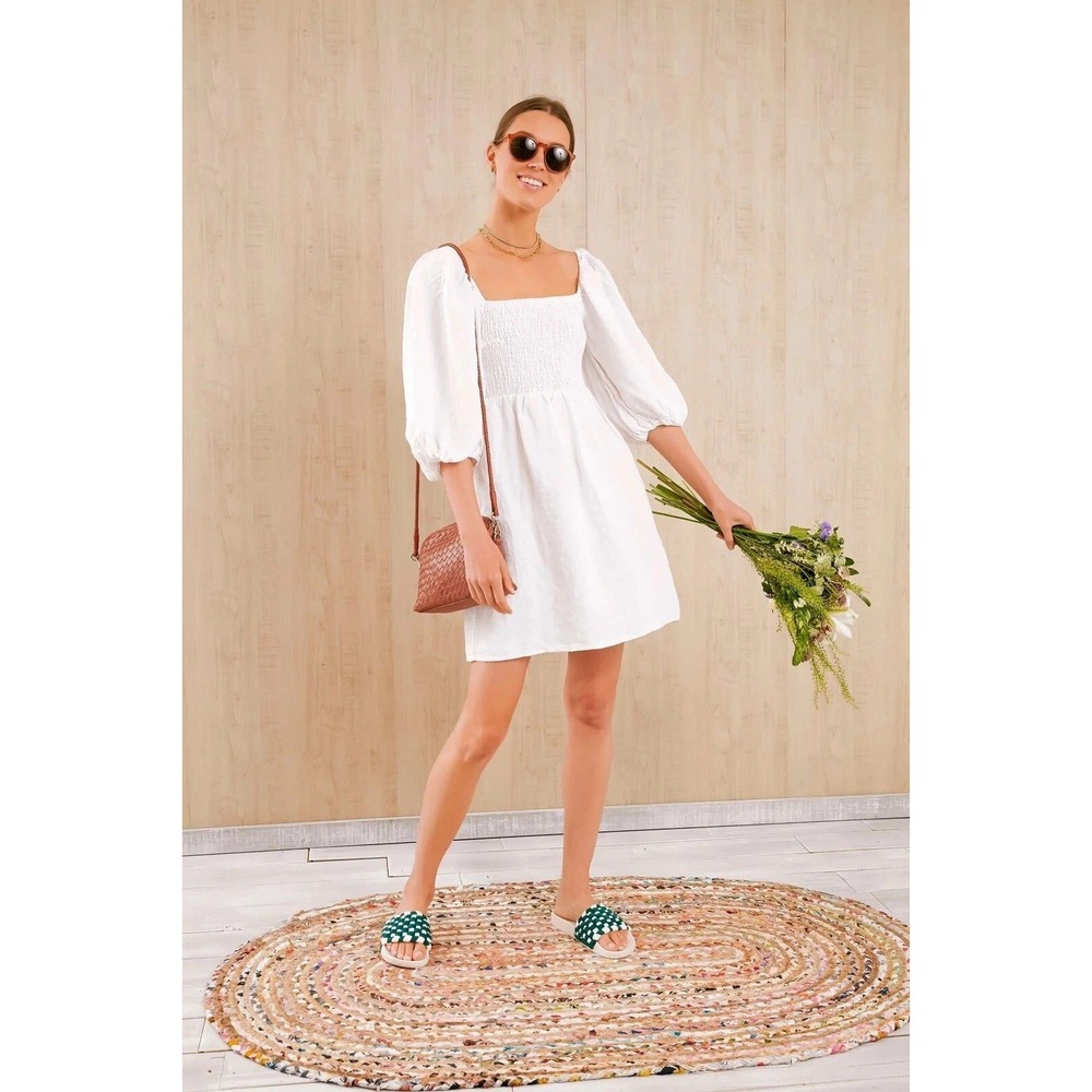Tuckernuck Annie Smocked Dress Puff Sleeve White Linen Womens Small
